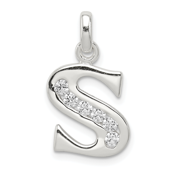 Sterling Silver White CZ Letter S Initial Pendant - Picture 1 of 4